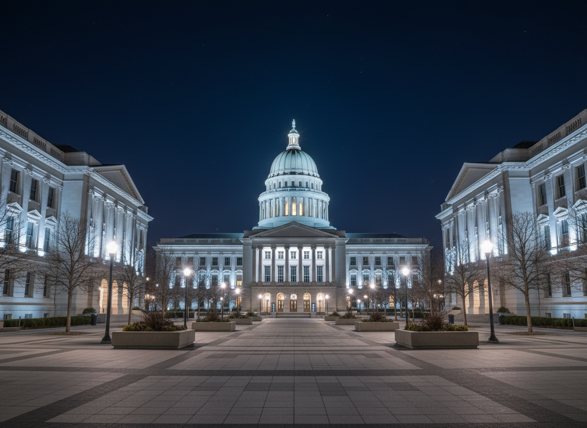 A nighttime photographic cityscape featuring a state capitol–style domed building and adjacent civic structures illuminated by clear, energy-efficient white lighting that outlines their clean architectural lines. In the foreground, a broad plaza with carefully arranged trees, low planters, and geometric paving patterns leads toward the buildings, subtly evoking order and accessibility. The sky is a deep navy, with a few visible stars, while warm interior lights glow behind large windows, suggesting civic activity inside. Shot from a low, wide-angle street-level perspective, the composition uses leading lines of the plaza stones and lampposts to draw the eye forward. The overall mood is dignified, secure, and transparent, conveying a functioning democracy that remains open, accountable, and welcoming after dark, with no human figures or textual signage.