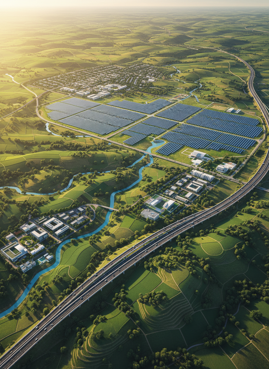 A broad, detailed aerial view of a modern nation rendered as a stylized landscape, with thriving green farmlands, clean blue rivers, solar fields, and orderly town centers seamlessly connected by well-maintained roads and rail lines. The scene is photographed from a high, cinematic bird’s-eye angle, with crisp photographic realism and sharp focus throughout. Late afternoon golden light casts long, gentle shadows that emphasize the contours of the land and the sense of shared prosperity. The atmosphere feels optimistic, orderly, and stable. The composition uses sweeping diagonal lines of infrastructure guiding the eye across the frame, suggesting coordination, investment, and broad-based economic opportunity in a clean, democratic society—without any human figures or text elements present.