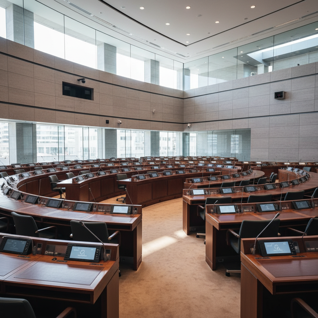 A close, photographic view of an immaculate government chamber interior, focusing on curved rows of empty polished wood desks with built-in microphones and sleek digital screens, all perfectly aligned. The chamber walls feature clean stone surfaces and large, clear glass panels that reveal daylight streaming in from outside. Soft, diffused natural light from above and the sides creates subtle reflections on the desk surfaces and a gentle glow on the floor, emphasizing transparency and cleanliness. Shot from a slightly elevated, wide-angle perspective with sharp focus from foreground to background, the mood is professional, calm, and accountable, evoking the ideals of clean democracy, rule of law, and open, well-run institutions—without showing any people or readable text.